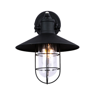 1 Bulb Saucer Wall Light Sconce Antiqued Black Iron Wall Mounted with Cage for Restaurant