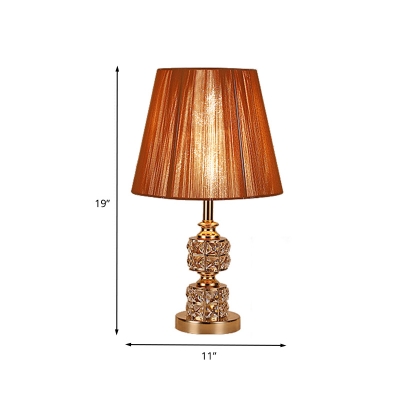 1 Bulb Tapered Table Light Modern Fabric Small Desk Lamp in Gold with Crystal Base