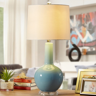 1 Head Study Task Lighting Modernism Blue Small Desk Lamp with Barrel Fabric Shade