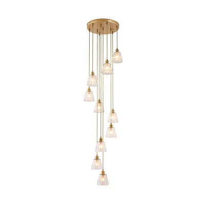 10 Bulbs Stair Cluster Pendant Simple Gold Hanging Light Fixture with Cone Clear Prismatic Glass Shade