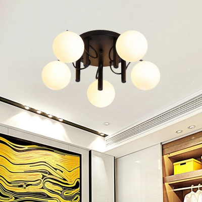 5-Light Living Room Semi Flush Lamp Modernist White/Black Ceiling Mount Fixture with Sphere Milk Glass Shade