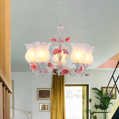 5 Lights Chandelier Pendant Light Traditional Rose Opal Glass Suspension Lamp in Pink