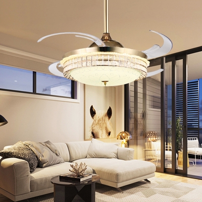8 Blades LED Acrylic Semi Flush Light Modern Gold Round Living Room Hanging Fan Lamp, 48