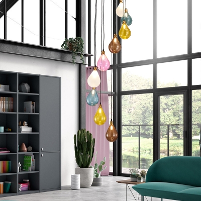 9 Lights Living Room Cluster Pendant Modern White/Pink LED Hanging Ceiling Light with Droplet Frosted Glass Shade