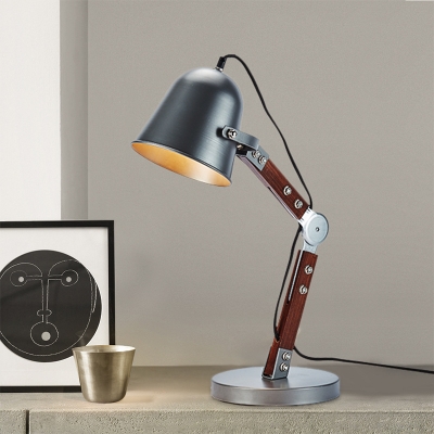 Bell Iron Desk Light Farmhouse 1 Bulb Study Room Table Lamp in Black with Swing Wood Arm