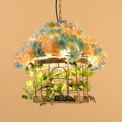 Brass 1 Light Ceiling Pendant Retro Metal Bird Cage LED Drop Lamp with Flower for Restaurant