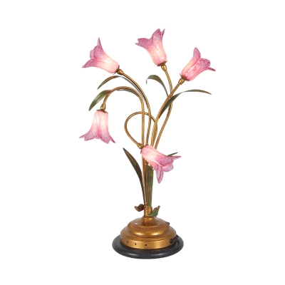 Brass 5 Heads Night Light Pastoral Style Purple Glass Lily LED Table Lamp for Bedroom