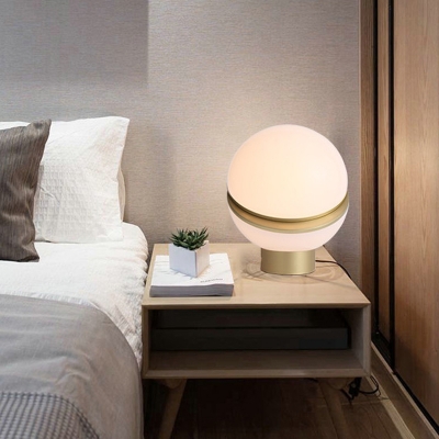 Contemporary 1 Bulb Desk Light Gold Round Night Table Lamp with White Glass Shade