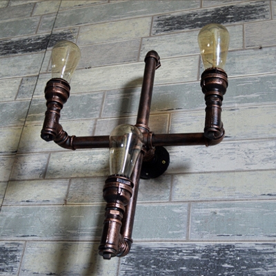 Cross Iron Sconce Lamp Fixture Antiqued 3-Bulb Corridor Wall Mounted Pipe Light in Rust