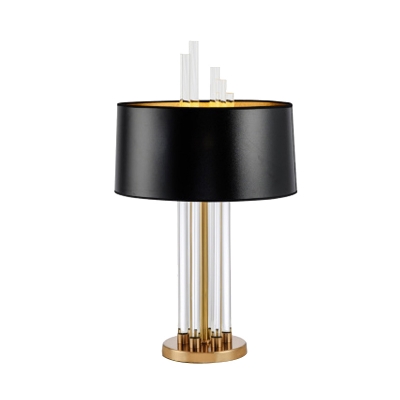 Crystal Tubular Desk Light Modernist 1 Bulb Nightstand Lamp in Gold with Fabric Shade