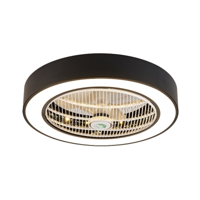 Drum Living Room Semi Flush Light Fixture Modern Acrylic White/Black Finish LED Ceiling Fan Lamp with 6 Blades, 23.5