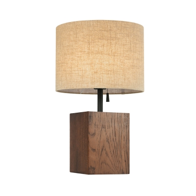 Fabric Cylindrical Task Light Modern 1 Head Flaxen Nightstand Lamp with Wood Base