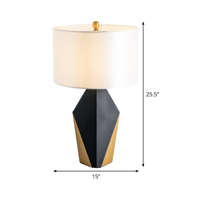 Fabric Drum Task Light Modern 1 Head White Desk Lamp with Geometrical Black Metal Base