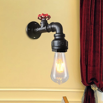 Farmhouse Piping Wall Lamp Fixture 1-Head Iron Sconce Lighting in Silver/Black/Rust with Red Valve Handle