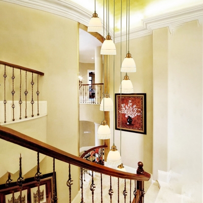 Gold Bell/Dome Cluster Pendant Light Modern 8 Lights White Glass LED Suspension Lamp for Stair