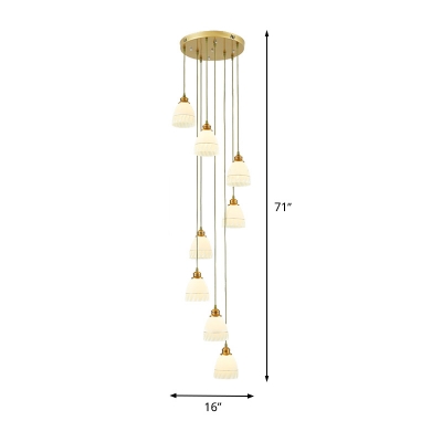 Gold Bell/Dome Cluster Pendant Light Modern 8 Lights White Glass LED Suspension Lamp for Stair