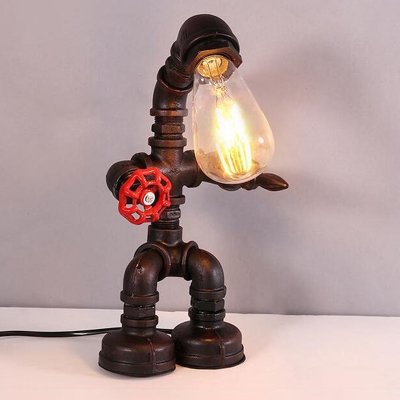 Industrial Robot Desk Lighting 1-Bulb Iron Pipe Table Lamp in Bronze with Red Valve Handle