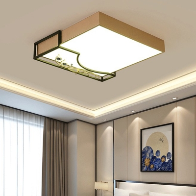 Metallic Square Flush Mounted Lamp Modern LED Ceiling Flush Light with Flower Deco in Gold and Black