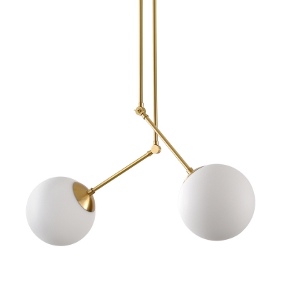 Modern 2 Lights Cluster Pendant Light with White Glass Shade Brass Sphere Hanging Lamp with Adjustable Node
