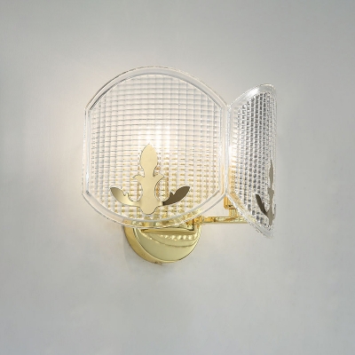 Modern Arc Oval Wall Mount Fixture Clear Latticed Glass 2 Lights Corner Wall Sconce Lamp in Gold