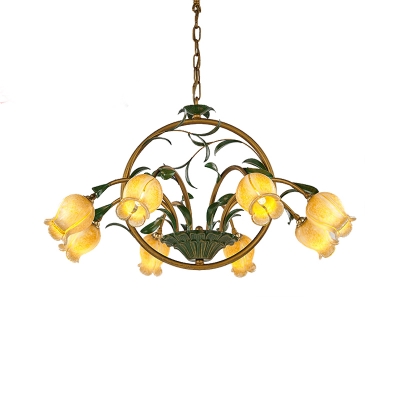 Pastoral Pomegranate Flower Hanging Chandelier 6/8/10 Bulbs Metal LED Ceiling Light in Brass for Living Room