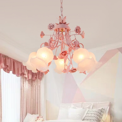 Pink 5 Heads Chandelier Lighting Countryside Metal Floral Hanging Light Fixture with Frosted Glass Shade