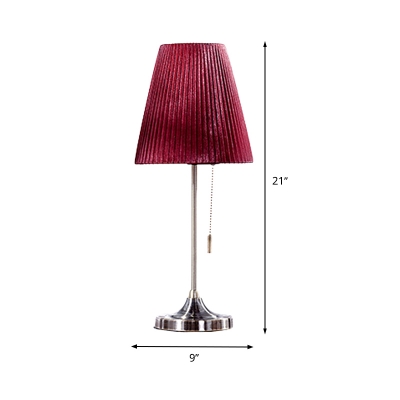 Red Tapered Task Lighting Modernist 1 Bulb Fabric Night Table Lamp with Pull Chain