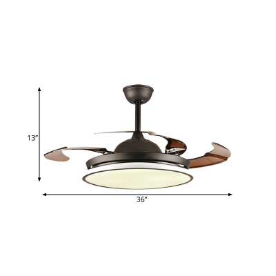 Round Metal Semi Flush Lighting Modernism Living Room LED Pendant Fan Lamp Fixture with 4 Brown Blades, 36