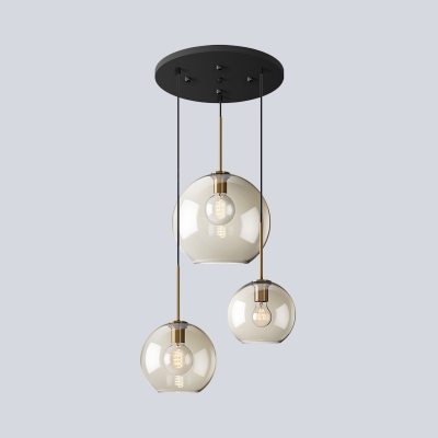 Spherical Cluster Pendant Lighting Modern Amber Glass 3 Heads Black Down Lamp with Round Canopy