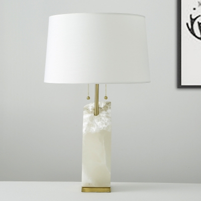 Tapered Drum Task Lighting Modernism Fabric 1 Head Small Desk Lamp in White with Pull Chain
