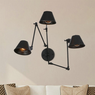 Vintage Bell Wall Light Sconce 2/3 Bulbs Metallic Wall Mount Lamp in Black with Swing Arm for Bedroom