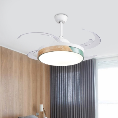 White Circle Hanging Fan Lamp Modernist Acrylic Living Room LED Semi Flush Ceiling Light with 4 Blades, 42