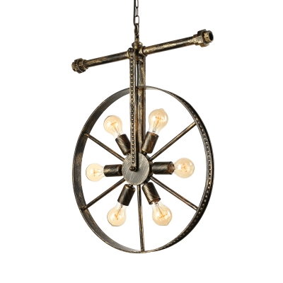 Wrought Iron Wheel Shaped Chandelier Nautical Industrial Style 5 Light Hanging Pendant for Restaurant
