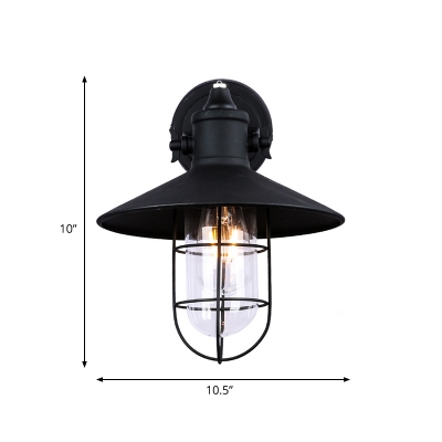 1 Bulb Saucer Wall Light Sconce Antiqued Black Iron Wall Mounted with Cage for Restaurant