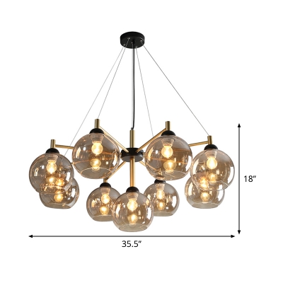 2-Tier Round Pendant Lighting Modernist Amber Glass 9-Head Living Room Ceiling Chandelier in Brass