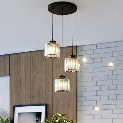 3 Heads Dining Room Cluster Pendant Light Modern Black Hanging Lamp with Drum Crystal Shade, Linear/Round Canopy