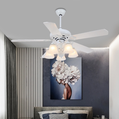 5 Lights Bell Ceiling Fan Lamp Modern White Opal Glass Semi Flush Mount Lamp with 5 Blades for Living Room, 48
