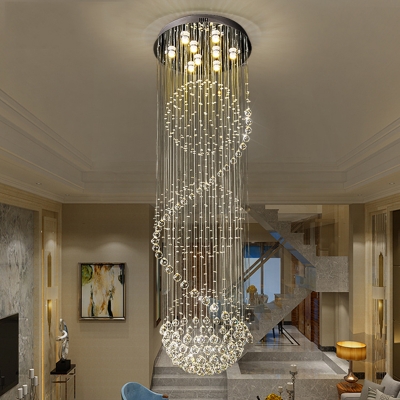 9 Bulbs Stair Cluster Pendant Contemporary Black LED Ceiling Light with Ball Faceted Crystal Shade