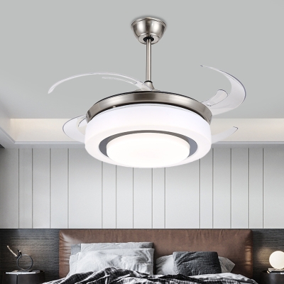 Acrylic 2 Layers Ceiling Fan Lighting Modern Bedroom LED Semi Flush Mounted Lamp in Silver with 4 Blades, 48
