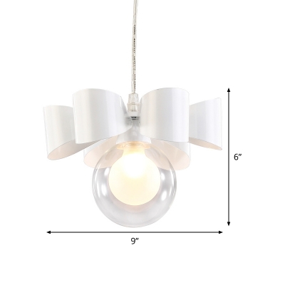 Ball Suspended Pendant Light Modern Clear Glass 1-Light White Hanging Lamp with Bow Design