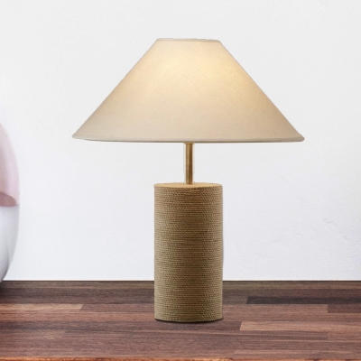 Beige 1 Head Desk Light Countryside Rope Cylindrical Night Table Lamp with Trapezoid Fabric Shade