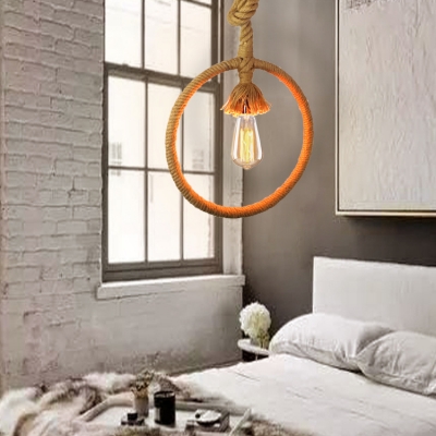 Beige 1 Head Pendant Light Vintage Rope Ring Shape Hanging Ceiling Lamp with Knots Cord