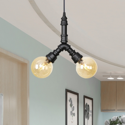 Black Ball LED Ceiling Lighting Industrial Amber Glass 2/3/4 Lights Restaurant Hanging Chandelier