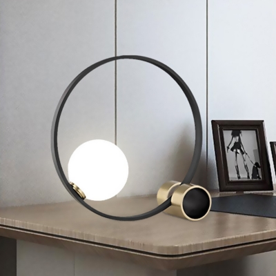 Black Circular Desk Light Modern 1 Bulb Metal Nightstand Lamp with Milky Glass Shade