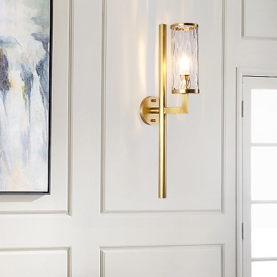 Brass Cylinder Sconce Lighting Modern 1 Head Clear Water Glass Wall-Mount Lamp with Pencil Arm