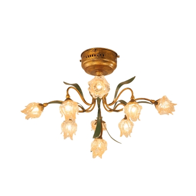 Brass Flower Semi Flush Mount Country Metal 9 Bulbs Living Room LED Close to Ceiling Lamp