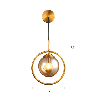 Brass Ring Wall Lighting Minimalist 1 Bulb Metal Sconce with Sphere Amber Glass Shade for Bedside