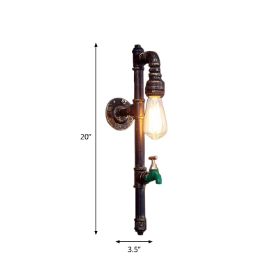 Bronze 1-Head Wall Light Fixture Vintage Iron Pencil Pipe Arm Sconce with Green Water-Tap Deco