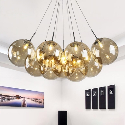 Bubble Amber Glass Hanging Lamp Kit Modernism 10-Head Chrome LED Multi Light Pendant