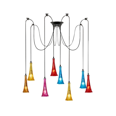 Colorful Glass Black Cluster Pendant Lamp Eiffel Tower Shape 8 Lights Art Deco Swag Hanging Light